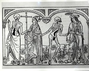 Śmierć zabierająca biskupa i szlachcica z Danse Macabre, wyd. Paryż, 1485 r.
